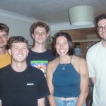 Champion Trees band members. Left to right: Lex Pienaar (bass), Michael Burke (saxophone), Francis Christie (vocals, guitar), Michelle Hromin (clarinet), James Bickford-Smith (violin and synthesizer). Not pictured: Langa Dubazana, who remains in Cape Town.